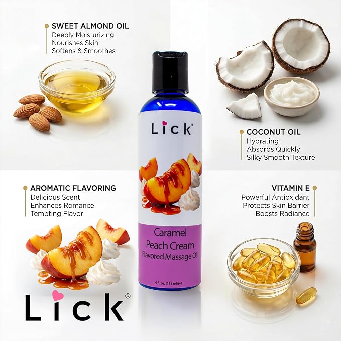 Lick Caramel Peach Cream Flavored Massage Oil – Tropical Edible Massage Oil with Sweet Almond Oil & Vitamin E, Hydrating Body-Safe Formula for Relaxing Couples Massage, 4 oz
