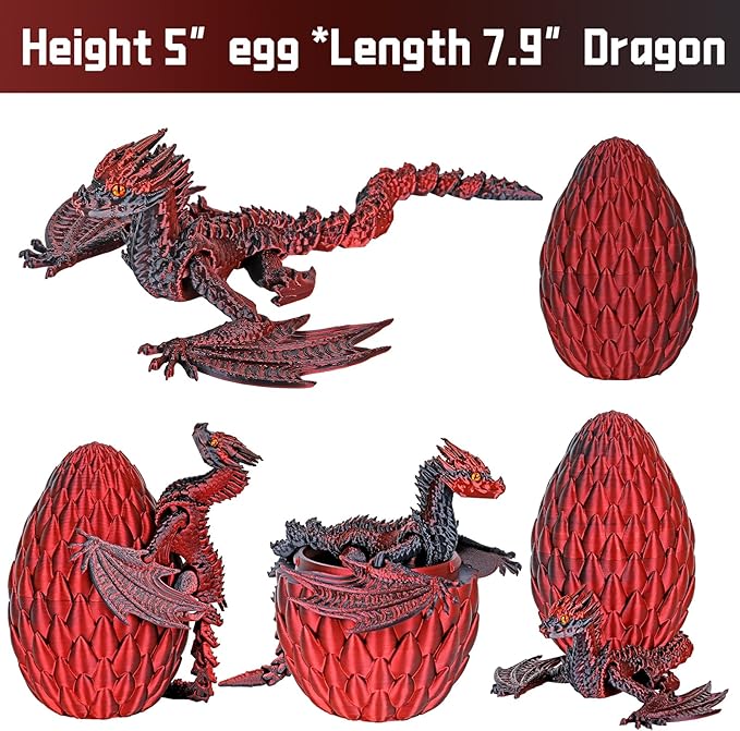 3D Printed Dragon,Flying Mystery Egg Articulated Dragon,3D Printed Crystal Dragon with Wings,3D Dragon Eggs with Dragon Inside,Adults Fidget Toys for Autism ADHD (Black Red Pro)