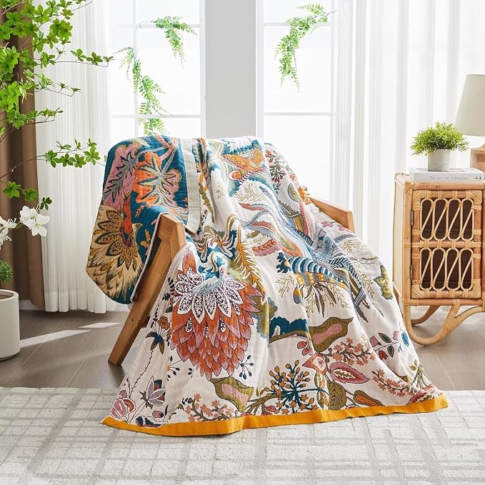 Boho Throw Blanket Farmhouse Decor Throw Blanket Bohemian Blanket for Bed 100% Cotton Muslin Woven Couch Blanket All Seasons Quilt Bedroom (J-Beige, 90"x98")