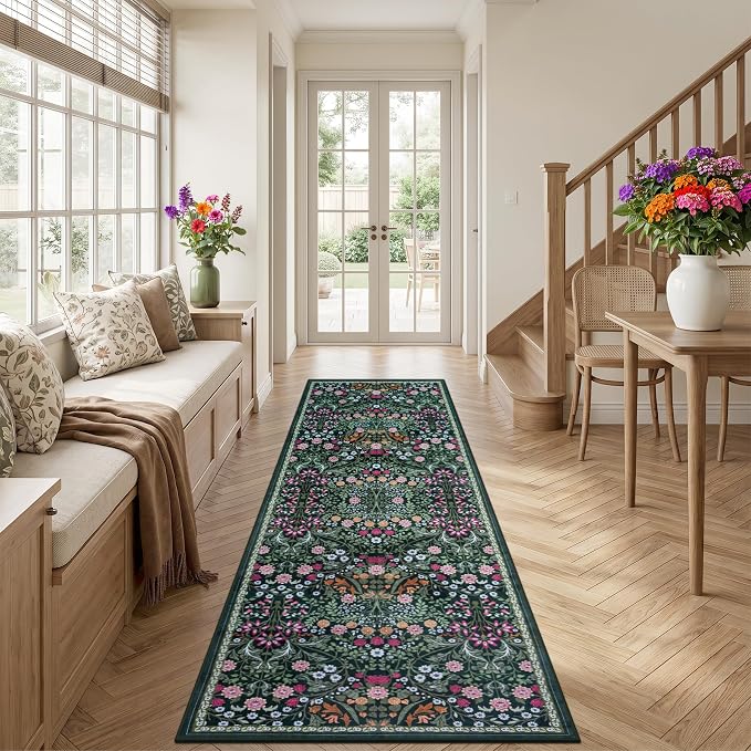 Runner Rug for Entryway: 3x10 Kitchen Rugs Non Slip Washable Ultra-Thin Soft Floral Carpet Indoor Floor Stain Resistant Carpets for Hallway Bedroom Kitchen Laundry Bathroom Dorm Dark Green