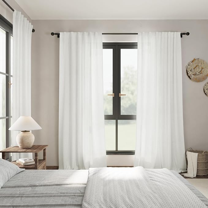 Ivory Linen Curtains 96 Inches Long 2 Panels Set Back Tab Rod Pocket Semi Sheer Light Filtering Window Curtain Drapes Neutral Modern Aesthetic Long Curtains for Living Room Bedroom Decor 40x96