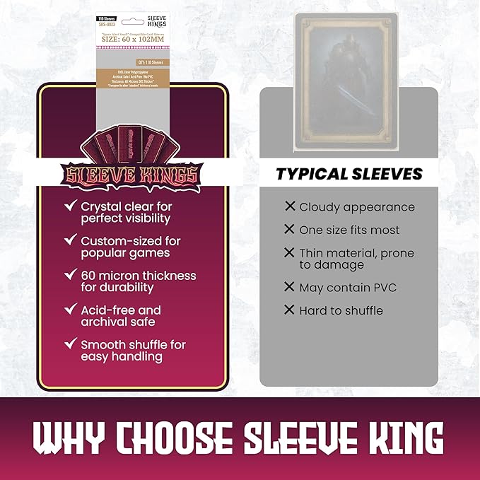Sleeve Kings Space Alert Compatible Card Sleeves 60x102mm (110 Pack) – 60 Micron Thick, Anti-Split Protection, Extra Clear, More Sleeves Per Pack, Board Game Card Protection - SKS-8823