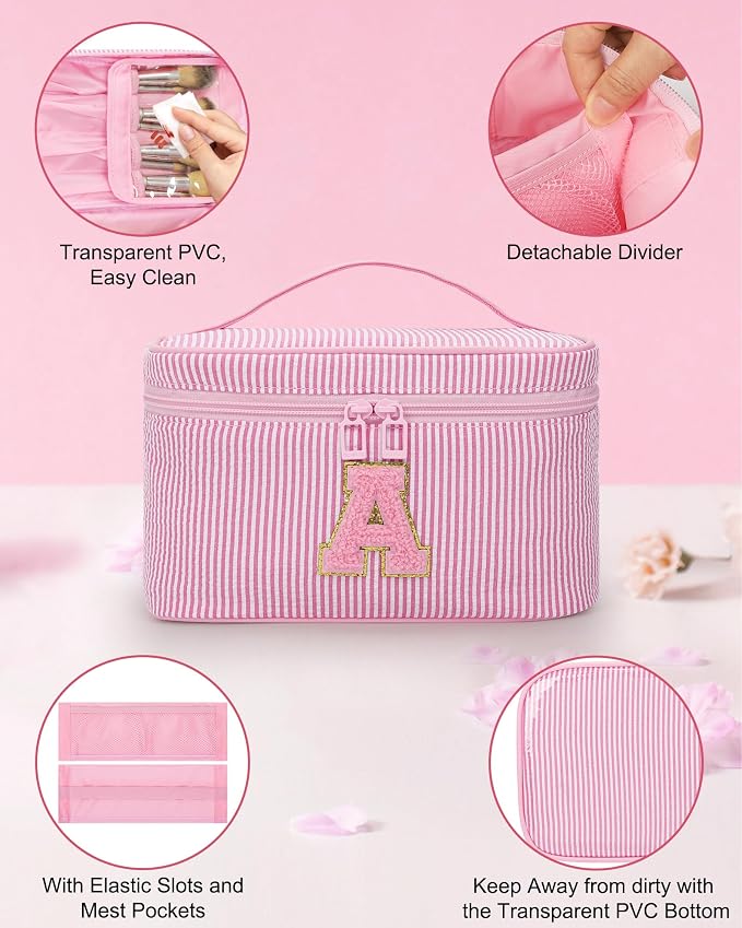 MONSTINA Valentine's Gifts for Mom, Personalized Initial Makeup Bag Cosmetic Bags for Women Cute|Makeup Pouch Birthday Gifts for Mother,Birthday Gift for Her Cute Toiletry Bag,Pink M