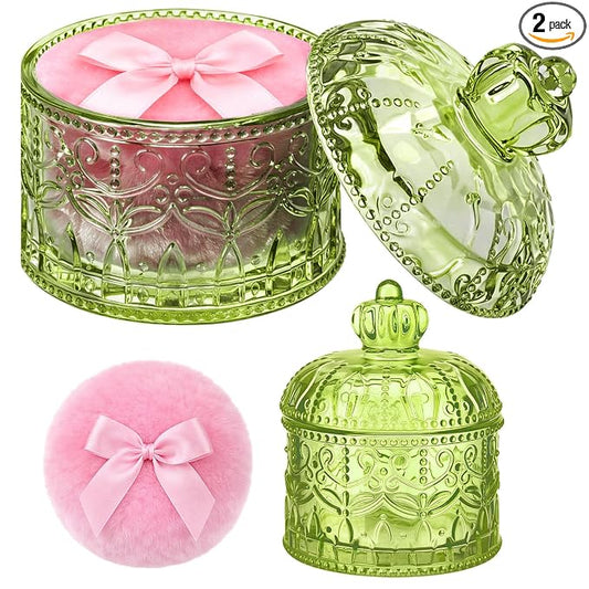 Body Powder Puff and Container, Crystal Container with Soft Dust Powder Puff Washable Reusable Face Body Glitter Wet Dry Makeup for Women Gift(Green, Crown)