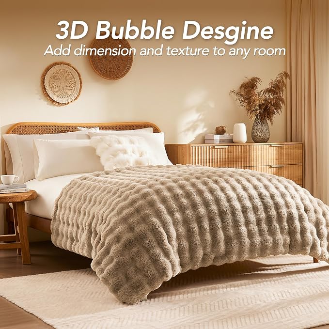 L'AGRATY Faux Rabbit Fur Throw Blanket for Couch, 60'' x 80'', Light Linen | Soft Cozy Bubble Fluffy Blanket for Sofa Bed, Thick Warm Plush Fuzzy Throw for Room Home Decor, Luxury Gift for Women Mom