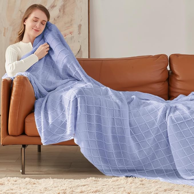 inhand Ashley Blue Knitted Throw Blanket for Couch and Bed, 50"x60" | Soft Living Room Home Decor Knitted Blanket with Tassel, Outdoor Lightweight Breathable , Farmhouse Warm Woven Decorative