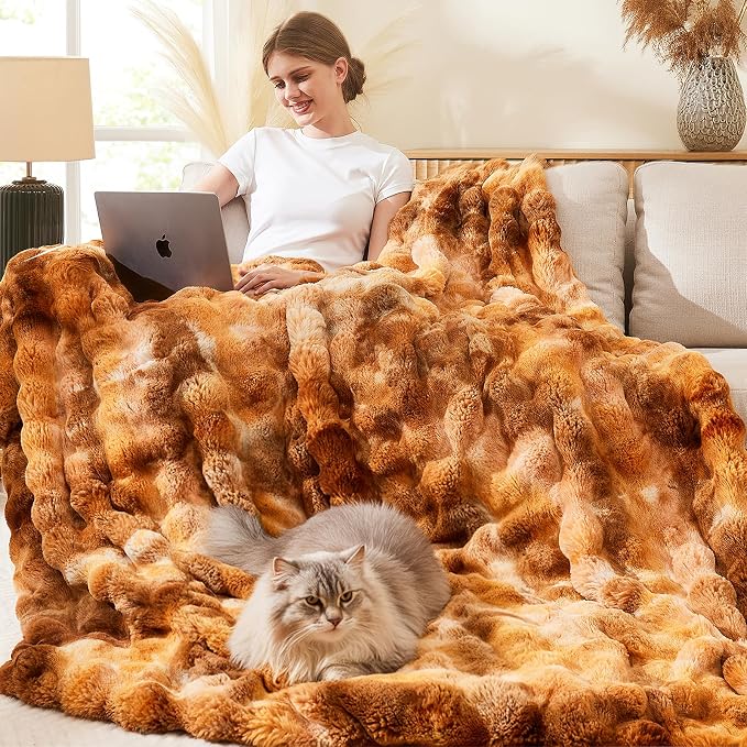 L'AGRATY Faux Fur Throw Blanket for Couch, 60''x80'' Tie-Dye Caramel Brown | Soft Cozy Bubble Fluffy Blanket for Sofa Bed, Thick Warm Plush Fuzzy Throw for Room Home Decor, Luxury Gift for Women Mom