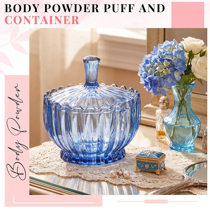 Tioncy 2 Pcs Extra Large Dusting Powder Puff and Container for Women-6'' Glass Crystal Dusting Powder Container Soft Washable Reusable Velour Face(Blue,Scalloped)