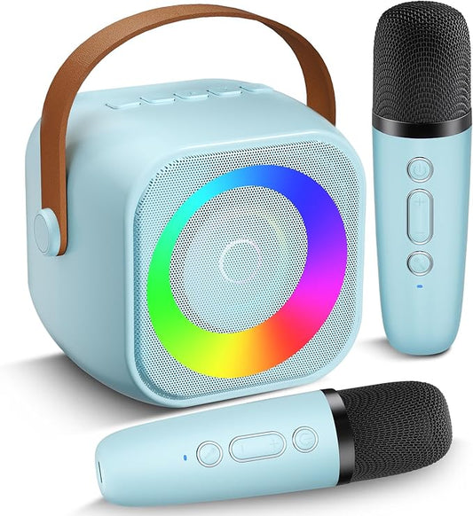 Mini Karaoke Machine, Portable Bluetooth Speaker with 2 Wireless Microphones for Kids & Adults, Karaoke Microphone with LED Lights, Gifts for Girls & Boys_Blue