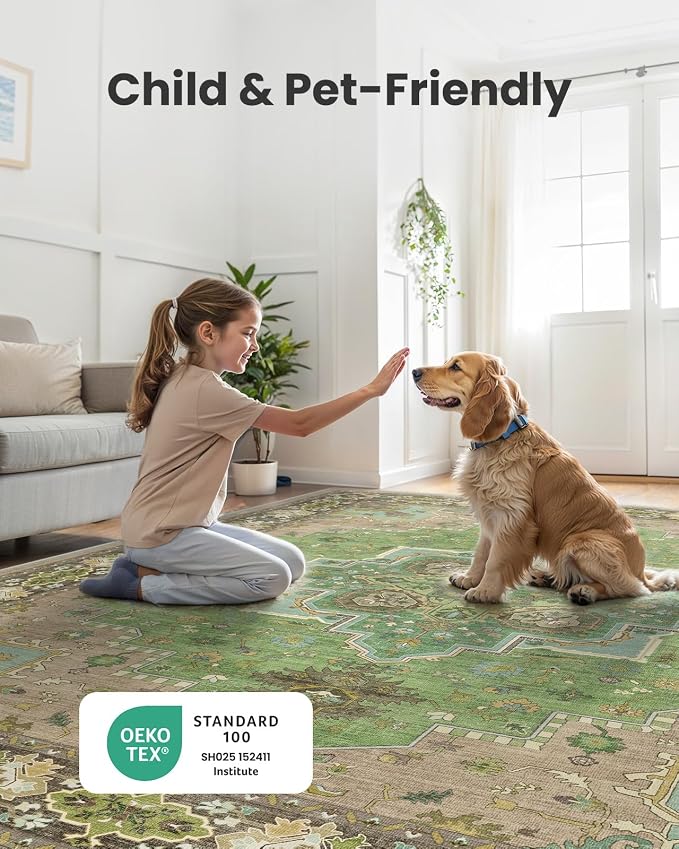AMADA HOMEFURNISHING 6x9 Area Rug for Living Room, Vintage Washable Area Rug Low-Pile & Non-Slip Carpet for Bedroom Dining Room Nursery Home Office, Green