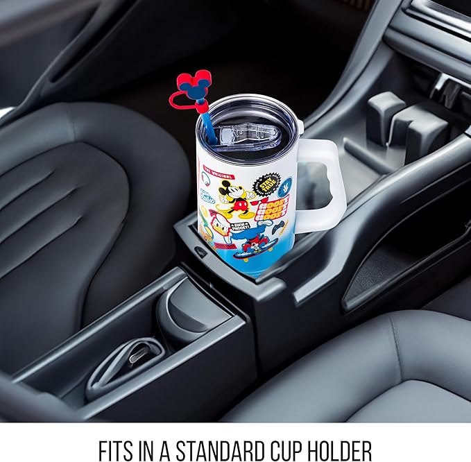 Silver Buffalo Disney Mickey Mouse Stainless Steel Tumbler with Straw Cover, Lid, Straw, and Handle Featuring Donald Duck, Daisy Duck, Minnie Mouse, Mickey Mouse, Goofy, and Pluto, 40 Ounces