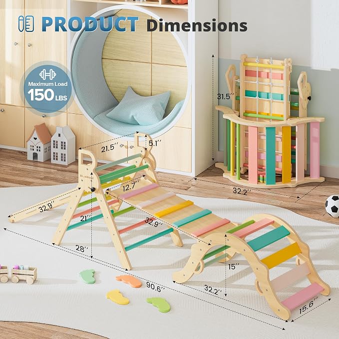 BlueWood 10-in-1 Pikler Triangle Set, Toddler Climbing Toys Indoor, Montessori Climber, Baby Jungle Gyms with Arch, Extra Rope Ladder & Footprint Balance Beam - Rose Garden