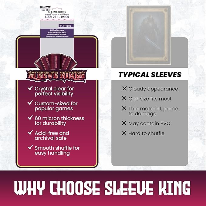 Sleeve Kings Standard Card Sleeves – 110 Count, Clear 60 Micron Thickness, Large Size (70 x 110 mm), Compatible with Scythe & More – SKU: SKS-8813