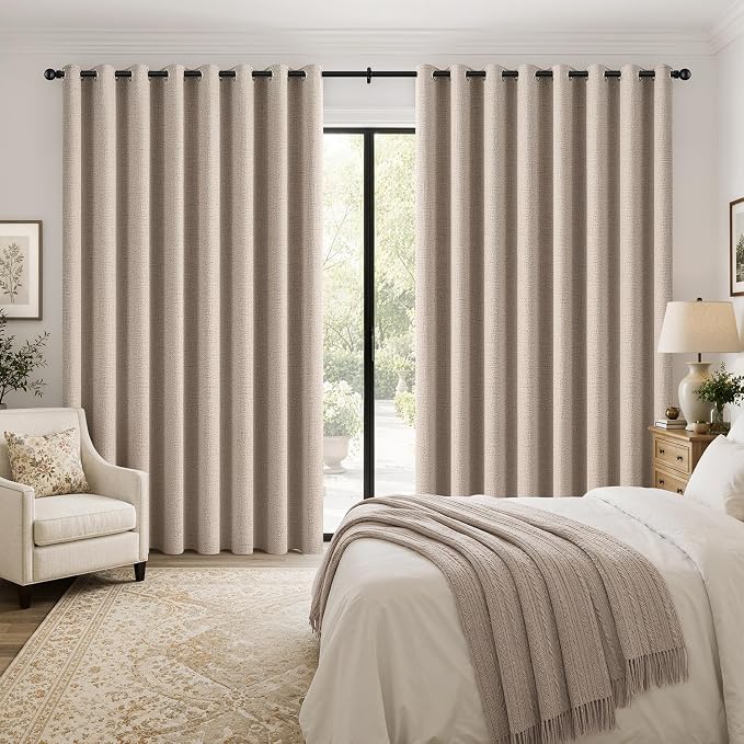 MIULEE Extra Wide 100% Blackout Curtains for Sliding Glass Doors Linen Textured W100 x L96 inch Panel Beige Thermal Insulated Grommet Room Darkening Drapes for Patio Living Room Bedroom, 1 Panel Set