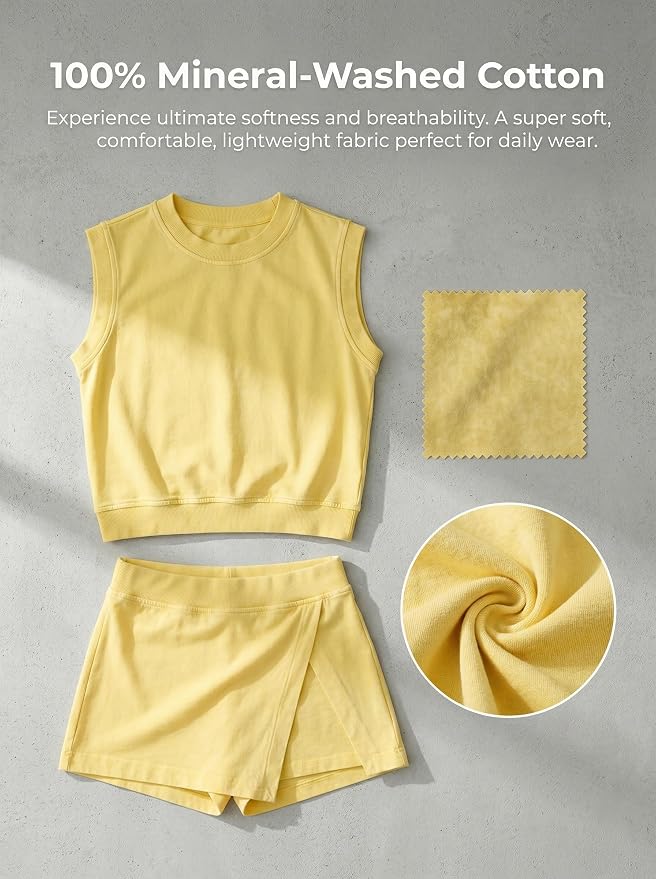 Women 2pc Mineral Wash Athletic Lounge Tank Skirt Set | Soft mineral wash cotton,Breathable.Relaxed lined split skirt.Ideal for travel,lounge,gym,workout casual daily wear