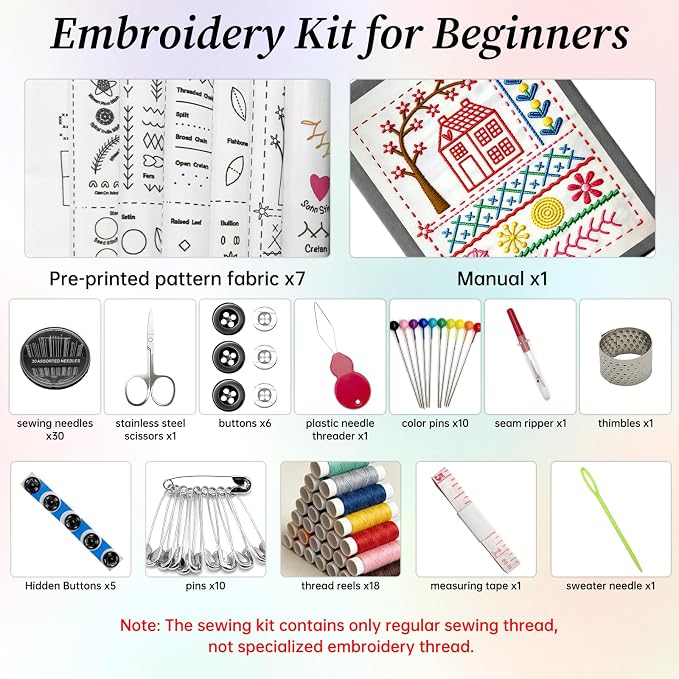 IKKAB Embroidery Stitch Book Kit for Beginners, 106-Pattern Embroiderys Practice Books with 86-Piece Stitching Kit, Portable Embroidery Sampler Book & Sewing Tool Set