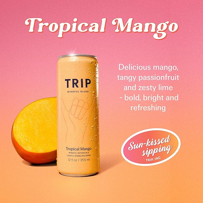 TRIP Lightly Sparkling Adaptogen Drink, Non Alcoholic Drink with Magnesium, Ashwagandha, Lions Mane & L Theanine, No Added Sugar Mocktail, Vegan, Tropical Mango, 12 Oz, 12Pk