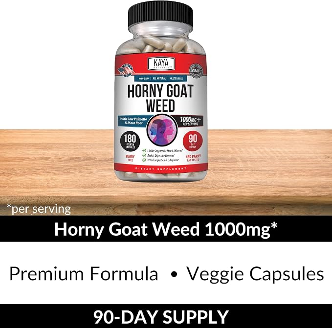 Kaya Naturals Horny Goat Weed Extract - Maca - Extra Strength Complex with Saw Palmetto Ginseng, Arginine Vitamin Supplement - Horny Goat Weed - 180 Count (Pack of 2)