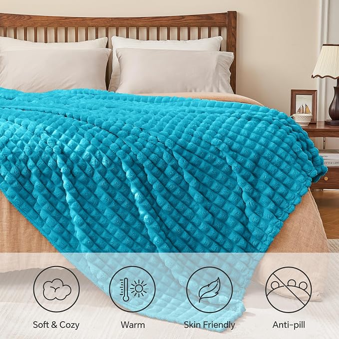 BEDELITE 3D Checked Teal Fleece Throw Blanket for Couch, 50x60 Inches | Soft Warm Fuzzy Fluffy Blanket for Bed Sofa, Lightweight Plush Cozy Blankets for Home Room Decor, Gift for Women, All Season