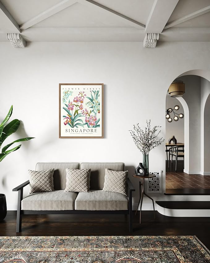 Singapore Flower Market Art Print Poster, Wall Art Floral Painting Botanical Decor for Bedroom, Kitchen, Bathroom Livingroom Decoration 82B (Singapore, 14"L x 11"W, Wood Frame)