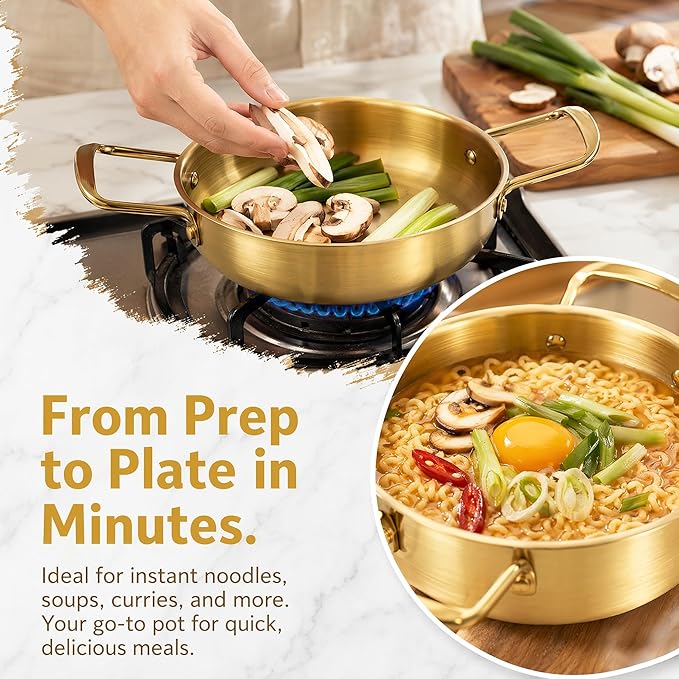 Okllen Set of 3 Korean Ramen Noodle Pot with Handles, Stainless Steel Everyday Pan, Golden Korean Cooking Pot for Soup, Noodle, Pasta, Home and Outdoor, Dishwasher Safe, Size 7", 8.7", 9.5"