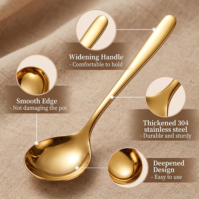 3PCS Gold Soup Spoons, 8.07 Inch Large Stainless Steel Spoons, 304 Stainless Steel Mirror Polished Dessert Spoons, Heavy Duty Metal Table Spoons for Soup, Cereal, Ice Cream, Dining & Kitchen Use
