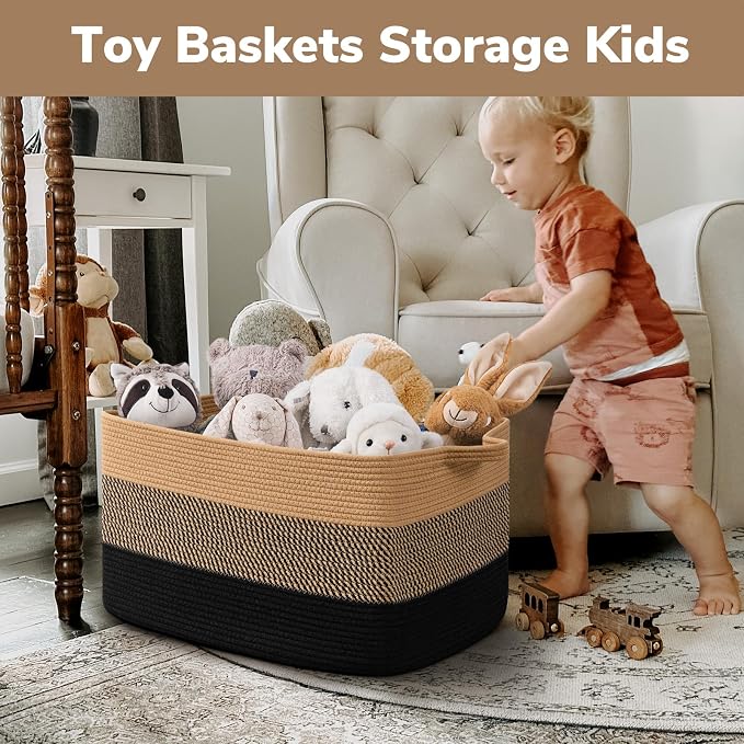 Goodpick 75L Large Woven Blanket Basket, 22" x 17" x 12", Black & Jute | Decorative Storage Basket for Blankets, Pillows & Toys, Living Room & Bedroom Organization, Rectangle, Built-In Handles