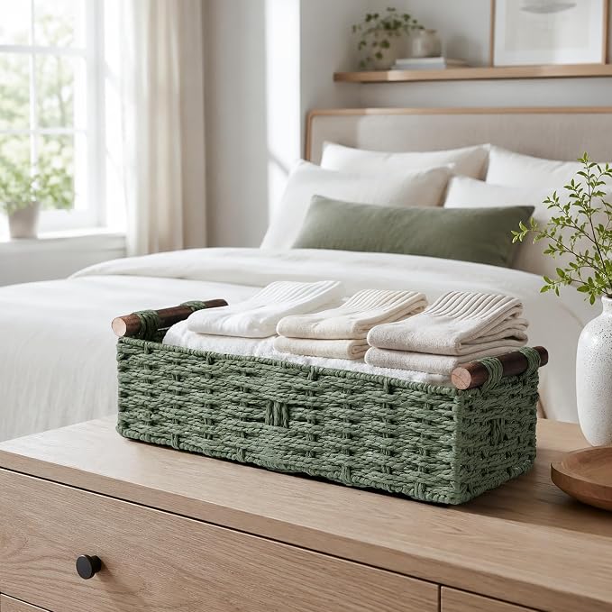 Round Paper Rope Storage Basket Wicker Baskets for Organizing with Handle Decorative Storage Bins for Countertop Toilet Paper Basket for Toilet Tank Top Small Baskets , Green | with Handle for Bedroom Home Decor and Shelves Apartment Countertop Use,Green