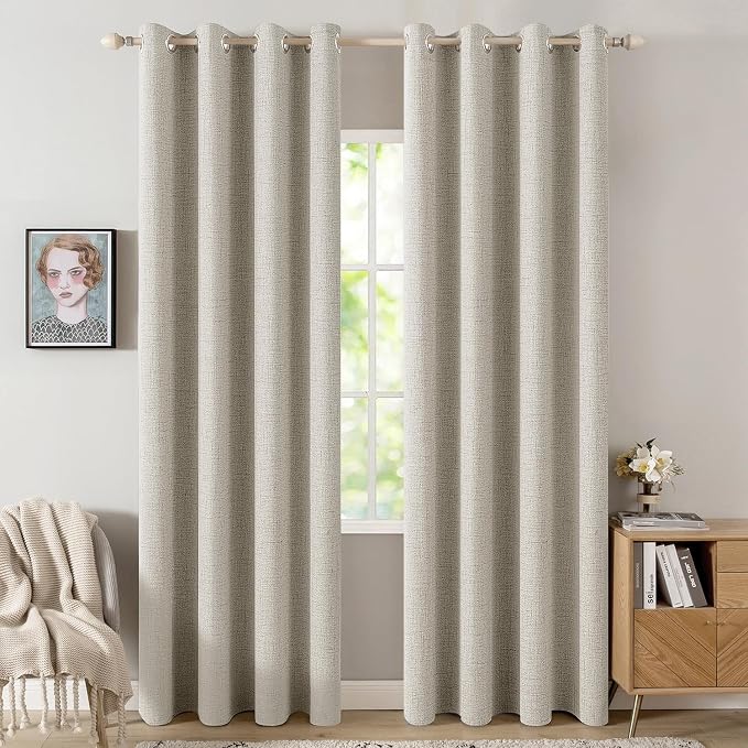 MIULEE 100% Blackout Linen Curtains for Bedroom Thermal Insulated Cobblestone Grommet Room Darkening Curtains & Drapes for Living Room 52 x 108 Inch (2 Panels)