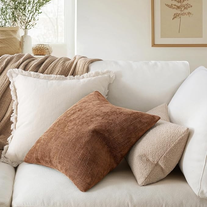 MIULEE 12x20 Inch Lumbar Textured Chenille Throw Pillow Covers Pecan Brown | Pack of 2 Decorative Soft Throw Pillows, Solid Textured Cushion Covers, Modern Home Decor for Couch Sofa Bedroom Living Room