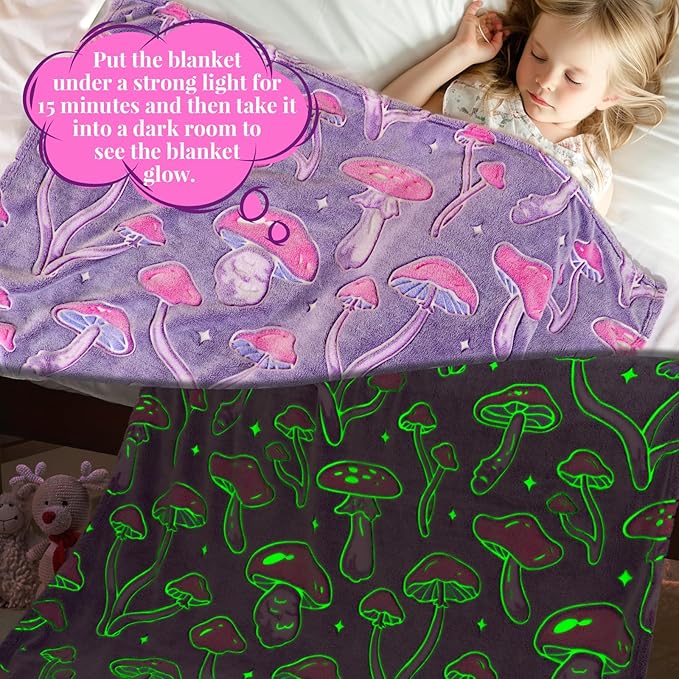 Mushroom Throw Blanket for Women - Purple Mushroom Themed Gifts for Girls, Nature Lovers - Glow in The Dark Cottagecore Bedding, Soft Fleece Plush Room Decor for Couch Bed Travel 50" x 60"