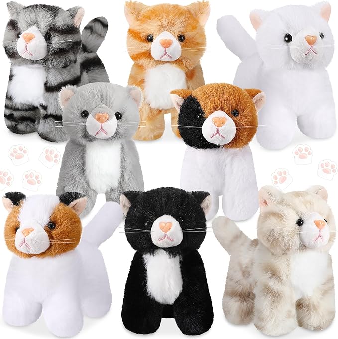 Sumind 8 Pcs Cat Stuffed Animals Bulk Plush Pets 5 Inch Cute Assorted Plush Cats Horse for Birthday Halloween Christmas Party Favors Favors(Standing Cat)