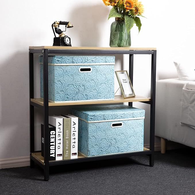 Large Collapsible Storage Boxes with Lids [5-Pack] Fabric Decorative Storage Bins Cubes Organizer Containers Baskets with Cover Handles for Bedroom Closet Nursery Blue 17.5x11.8x11.8 Inch