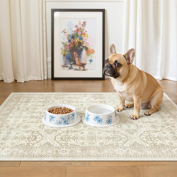 Soalmost 2x3 Washable Rugs for Kitchen Entryway, Small Area Rug Beige/Brown | Non-Slip Vintage Low Pile Throw Door Mat For Bathroom Entry Laundry Powder Room, Stain Resistant Indoor Entrance Floor Carpet
