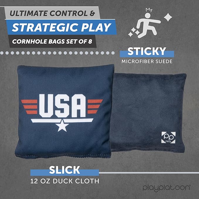 Professional Cornhole Bags - Set of 8 Regulation All Weather Double Sided - Sticky Side/Slick Side Bean Bags for Pro Corn Hole Game