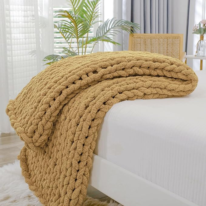 Bigacogo Chunky Knit Throw Blanket for Couch, 40x60 inches, Goldenrod | Hand Knit with Jumbo Chenille, Soft Breathable Cable Knit for Sofa Bed Living Room, Machine Washable, Gift for Mom Friend