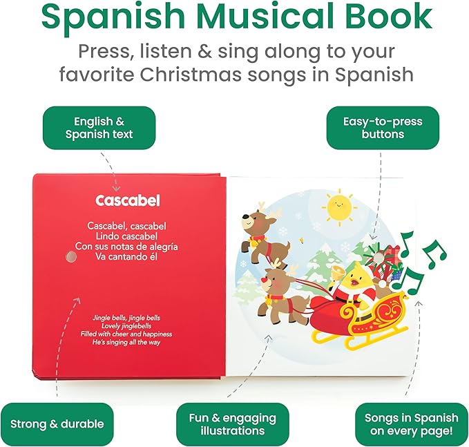 Binibi Spanish Musical Book Christmas Songs in Spanish | Bilingual Children’s Book for Babies & Toddlers 1-3 | Libro en español para Bebes