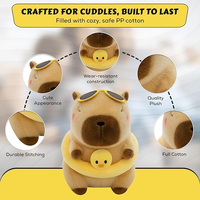12 Inch Cute Animal Capybara Plush Toy with Yellow Tube, Cute Animal Plush, Cute Doll Gift for Kids for Girls/Boys, Kawaii Anxiety Stuffed Animal Plushie, Bedtime Huggable Companion
