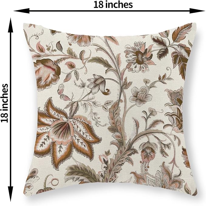 Brown Pillow Covers 18x18 Inch Set of 2 Brown Chinoiserie Floral Throw Pillows Boho Vintage Flowers Decorative Pillow Cases Outdoor Chinoiserie Decor Farmhouse Cushion Case for Couch Sofa