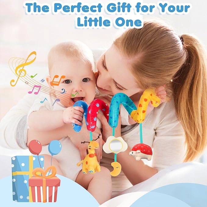URMYWO Car Seat Toys for Babies 0-6 Months, Hanging Toy Fits Stroller, Sensory Baby Toy with Bell Crinkle Mirror, Baby Travel Gear Shower Gift for Boys Girls, Valentines Gifts Easter Basket Stuffers