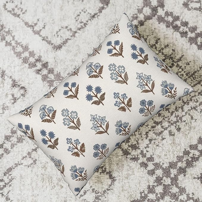 Brown Blue Pillow Covers 12x20 Inch Set of 2 Boho Block Print Floral Throw Pillows Vintage Flower Decorative Pillow Cases Outdoor Linen Farmhouse Cushion Cover for Couch Sofa Bed Decor