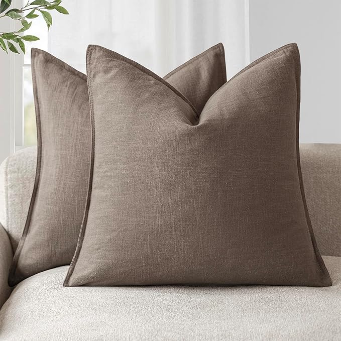 Foindtower Set of 2, Decorative Linen Solid Throw Pillow Covers Soft Accent Euro Cushion Case Farmhouse Neutral Pillowcase for Chair Couch Sofa Bedroom Living Room Home Decor 20 x 20 Inch Light coffee