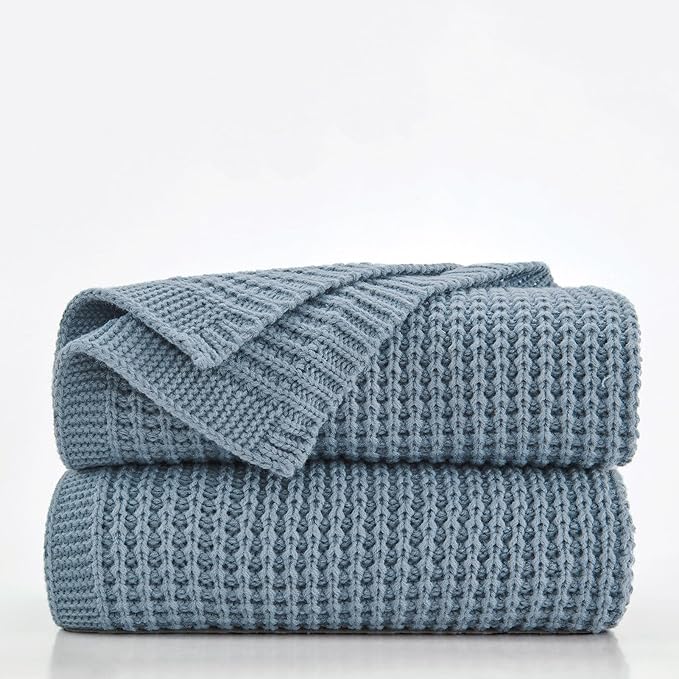Douceur Blue Throw Blanket for Bed, Soft Chunky Cable Knit Throw Blanket, Classic Fisherman's Rib Stitch Pattern Throw for Living Room Gift, 60"X80"