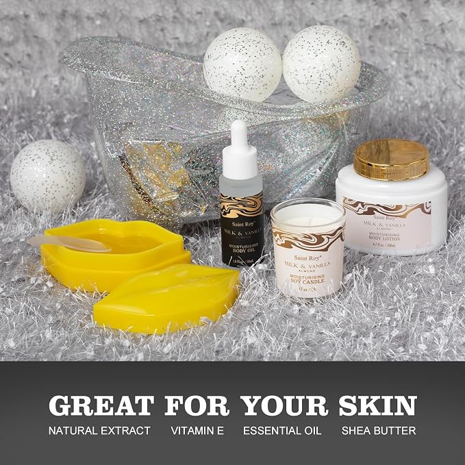 Saint Roy for Men & Dad Bath and Body Almond Milk Vanilla Spa Gifts for Women, Bath Gift Set Shower Gel, Scent Lotion, Bath Bomb Spa Gift Basket, Bath Care Set Birthday Holiday Home Spa Gifts | Almond Milk Vanilla Spa Gifts for Women, Bath Gift Set Chr...