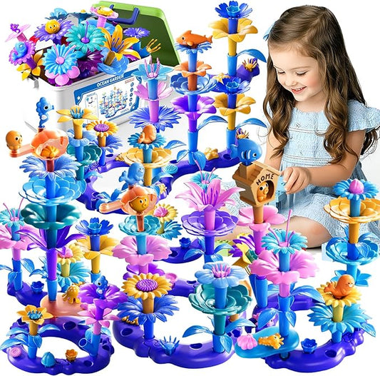 155 Pcs 3 Year Old Girl Gifts,Flower Garden Building Toy Set Toddlers Toys Gifts Best Educational Learning Fine DIY Crafts Stem Construction Stacking Kit,for 3 4 5 6 7 Year Kids Birthday