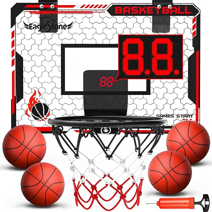 EagleStone Mini Indoor Basketball Hoop with Scoreboard,4 Balls & Pump,Over The Door Bedroom Office Basketball Hoop for 6 7 8 9 10 11 12+ Year Old Kids Boys