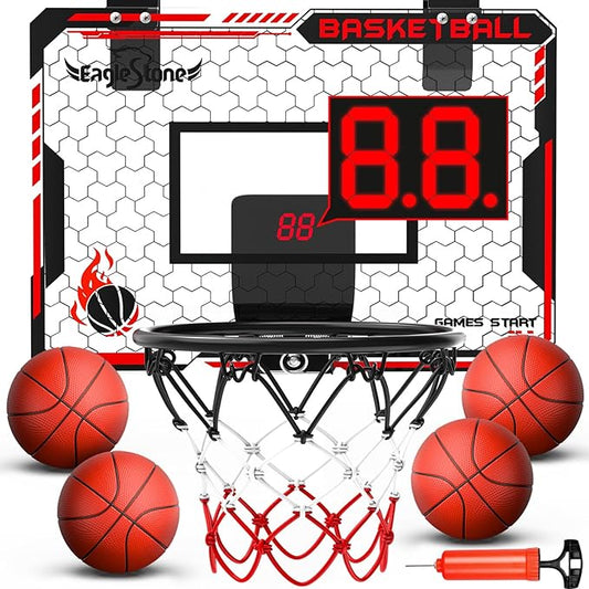 EagleStone Mini Indoor Basketball Hoop with Scoreboard,4 Balls & Pump,Over The Door Bedroom Office Basketball Hoop for 6 7 8 9 10 11 12+ Year Old Kids Boys