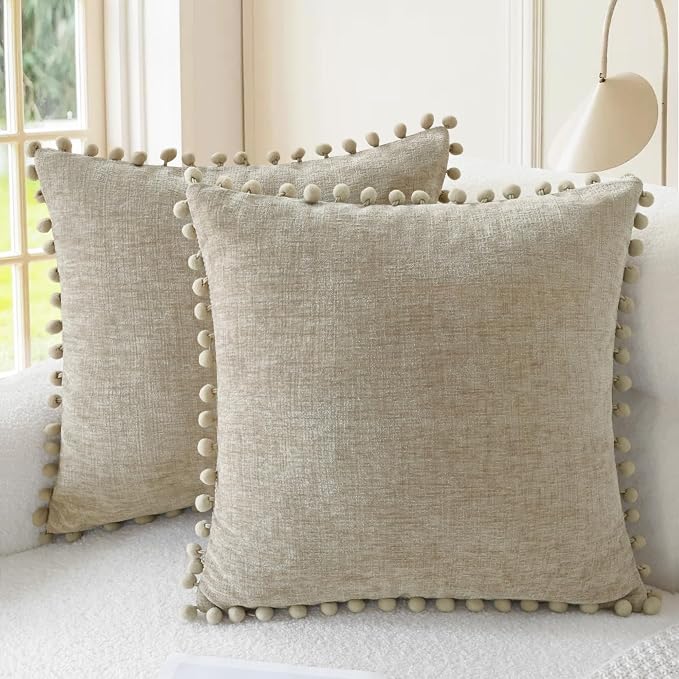 CaliTime Decorative Couch Throw Pillow Covers 20 X 20 Inches Taupe | Pack of 2, Cozy Chenille Cushion Cases, with Pom Poms for Sofa Bed Living Room Farmhouse Home