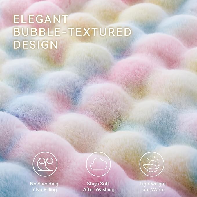 Faux Rabbit Fur Throw for Couch - Rainbow Bubble Blanket 60"x80" | Fluffy Plush Fuzzy Colorful Throw for Sofa & Bed, Super Soft Cozy Comfrt Blanket, Luxury Rainbow Decor Gift for Women