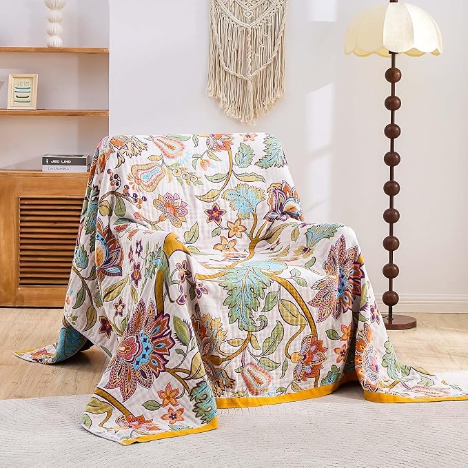 XIBLC Boho Throw Blanket for Bed, 100% Cotton Soft Rustic Quilt Fall Blanket, 90"x98" Floral Printed Farmhouse Decor Bed Blankets, All Season Rustic Reversible Bohemian Throw Quilt